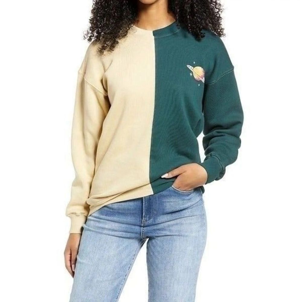 Nordstrom Bp. Colorblock Crewneck Fleece Pullover Sweatshirt Tan Green Planet XS